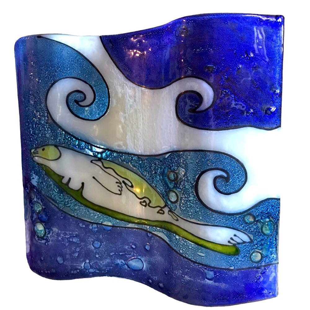 Pampeana Small Wavy Stained Glass Art Suncatcher Ornament Sea Lion Ocean Scene